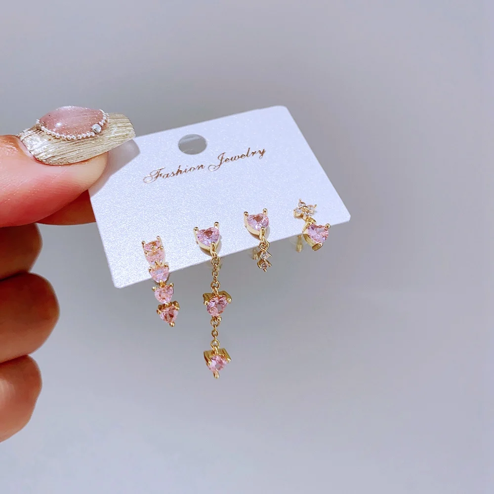 New In 4pcs/set Mix and Match Heart Stud Earrings for Women Girls Gold Color Pink Cubic Zircon Jewelry