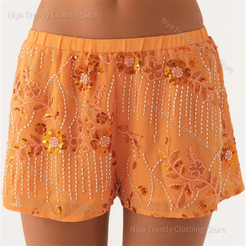 Womens Sequin Sparkle Beaded Mini Shorts Y2k Low Rise Pearl Going Out Bottoms Summer Bling Glitter Rhinestone Pants 2025