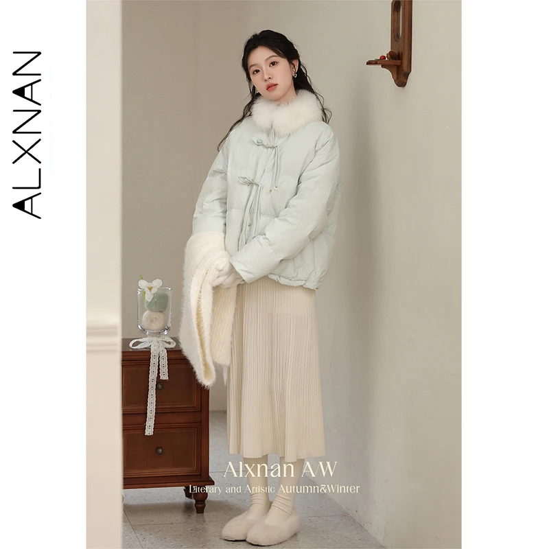 ALXNAN Damen-Winter-Daunenjacke, Bohnengrün, schick, Knopf-Pelzkragen, verdickt, kurze Daunenjacken, 90°, weiße Ente, weiblicher Mantel L51651