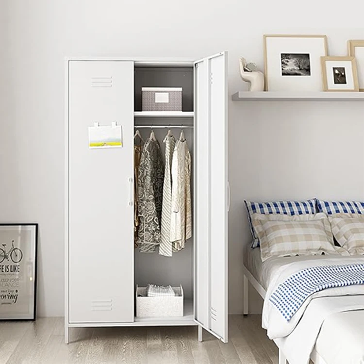أثاث منزلي حديث خزانة ملابس معدنية ببابين مع قضيب تعليق وأرفف لغرفة النوم أو غرفة التغيير #1