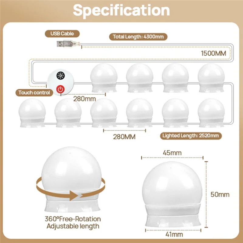 LED Vanity Lights For Mirror USB Vanity Lights With 10 Dimmable Bulbs Adjustable 3 Color Makeup Mirror Might Bulb