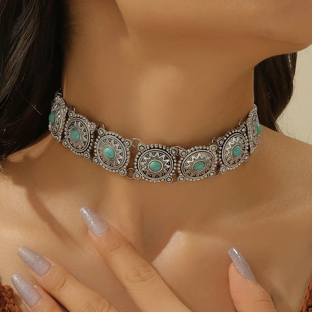 Collier ras du cou Vintage en alliage sculpté pour femmes, collier rond ethnique traditionnel Boho, bijoux de déclaration, cadeau