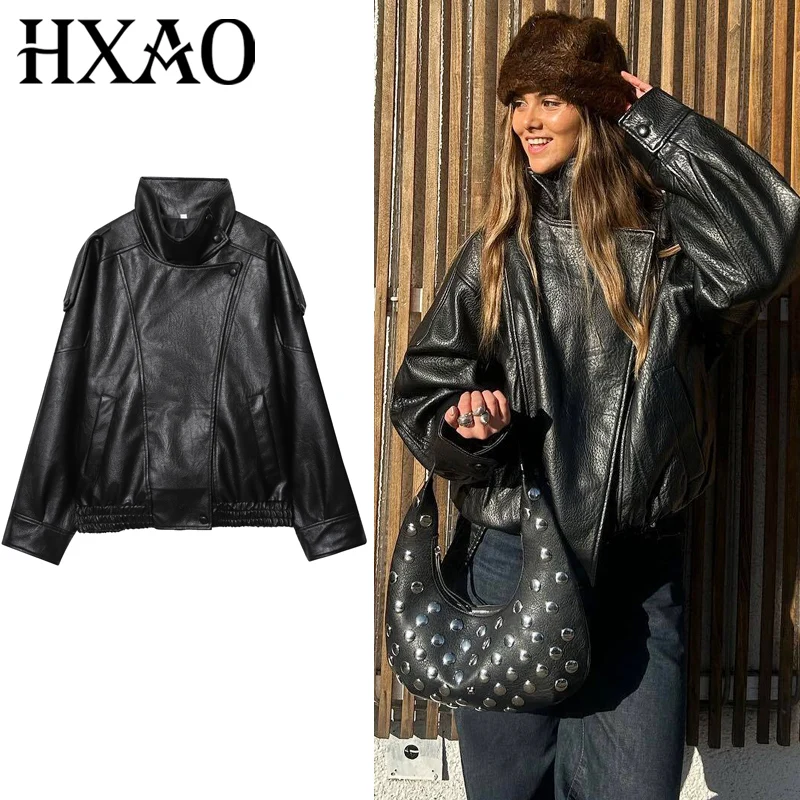 Hxao jaqueta preta de couro sintético, jaquetas femininas, novos em casacos e jaquetas assimétricas para motociclista, jaqueta com zíper, manga comprida, agasalhos