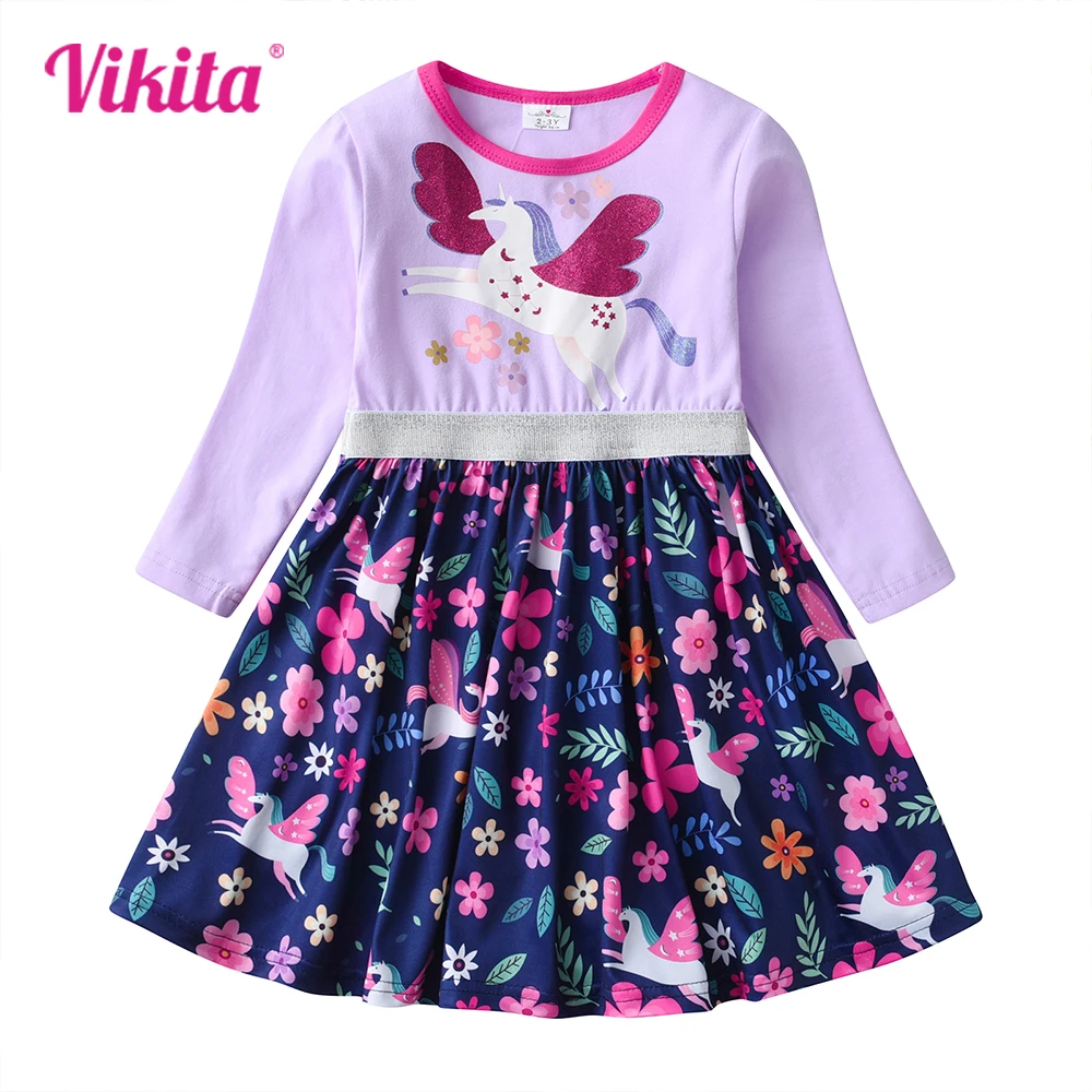 VIKITA Girls Long Sleeve Autumn Spring Dress Kids Cotton Casual Daily School Dresses Girls Licorne Floral Print Patchwork Dress