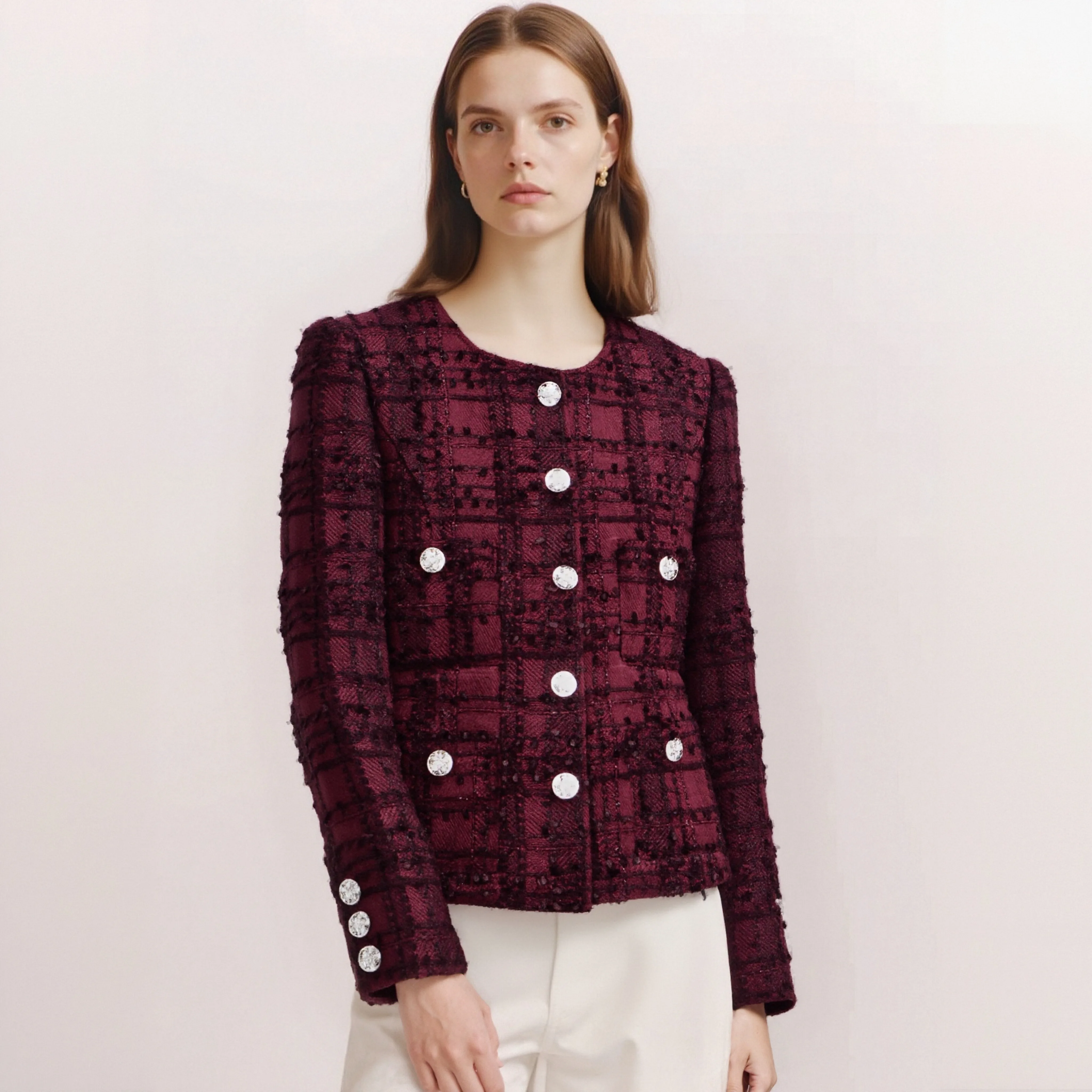 

Ankola Ретро красная тканая грубая шерстяная куртка Элегантный дизайн с круглым вырезом Однобортная модная верхняя одежда