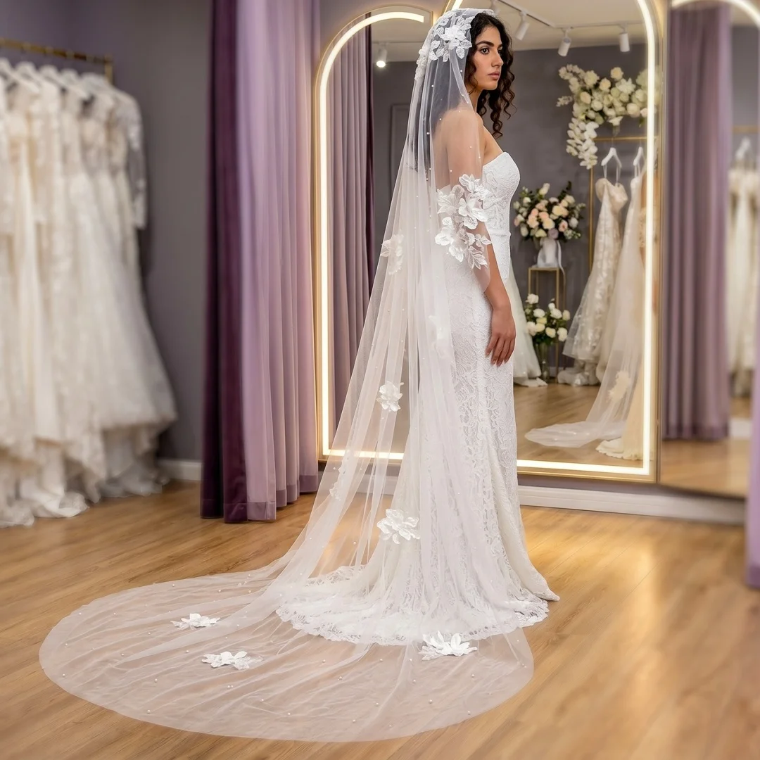 3D Floral Embroidered Bridal Veil Super Fairy Pearl Tulle Cathedral Wedding Veil Bride Photography Accessories Velo De Novia