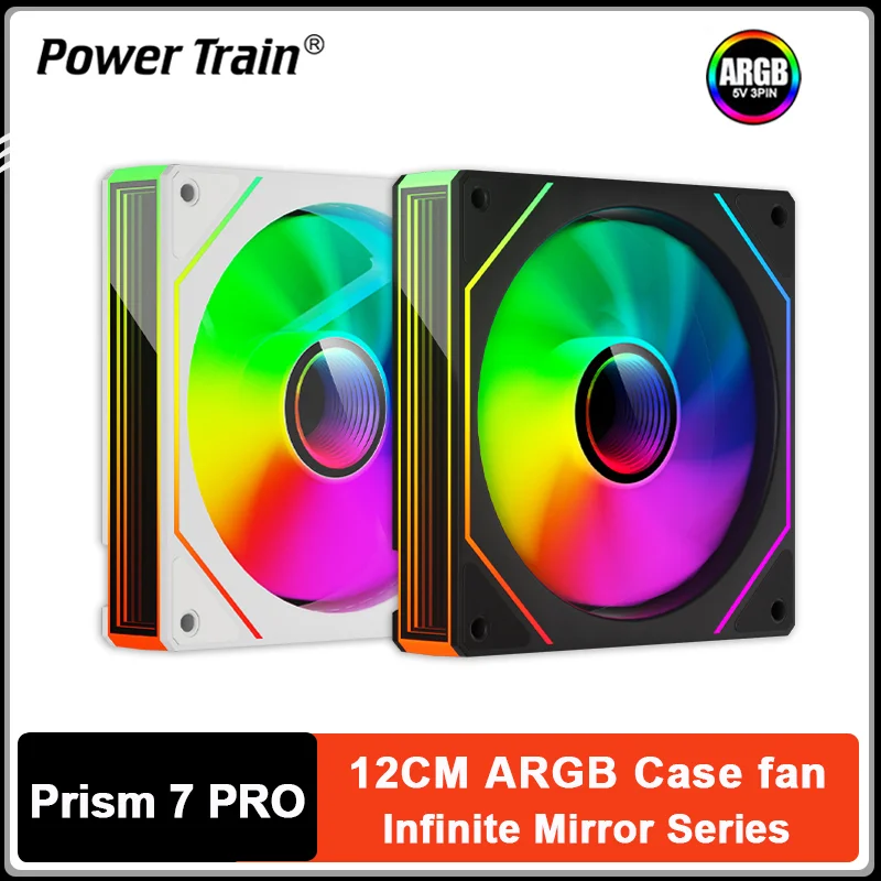 

Power Train PRISM 7 PRO Корпусный вентилятор 120 мм ШИМ Интеллектуальный контроль температуры 5 В 3 контакта ARGB Бесконечное зеркало Тихий охлаждающий вентилятор