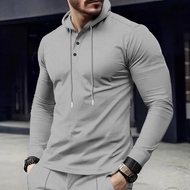 Waffle Knit Hooded Henley Shirt with Button Neck and Drawstring Long Sleeve Pullover Men Daily Wear Outdoor