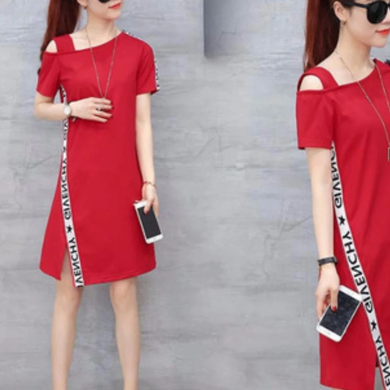 2024 New Summer Korean Edition Minimalist Slim Fit Casual Dresses Short Sleeves Skiw Collar Patched Letter Women's Midi Dress