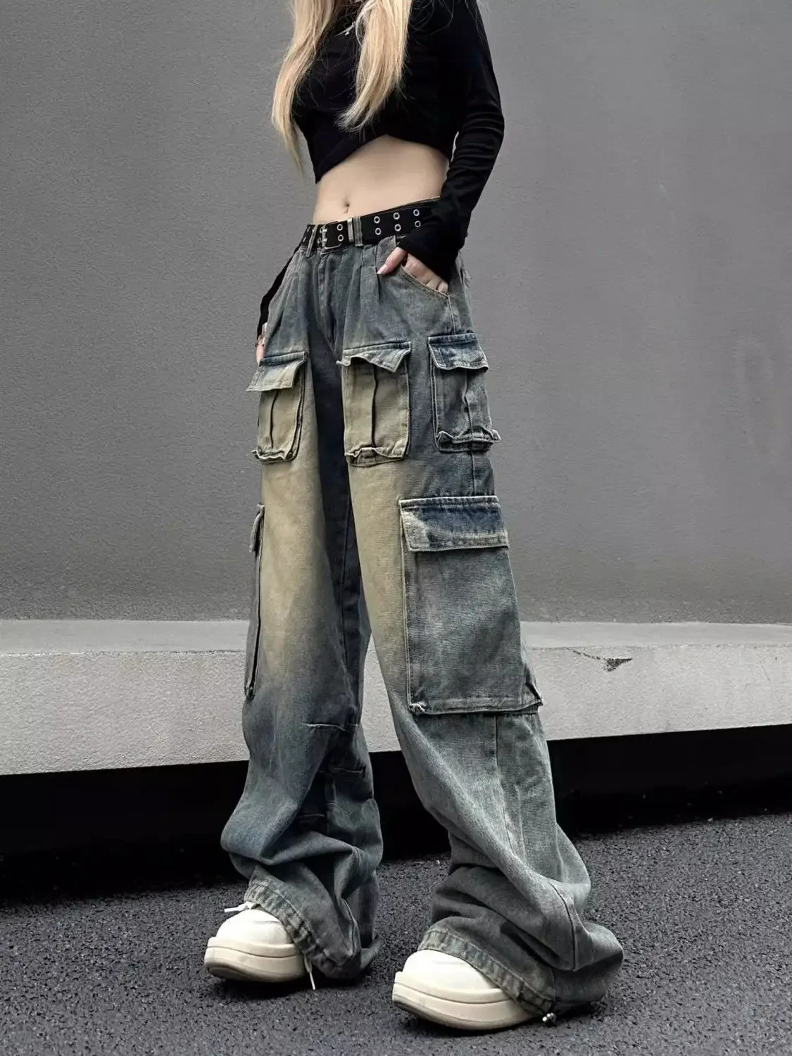 American JC Multi Pocket Style High Waist Strap Jeans Women's Washed Wide Leg High Street Baggy Fashion Pants Jeans y2k