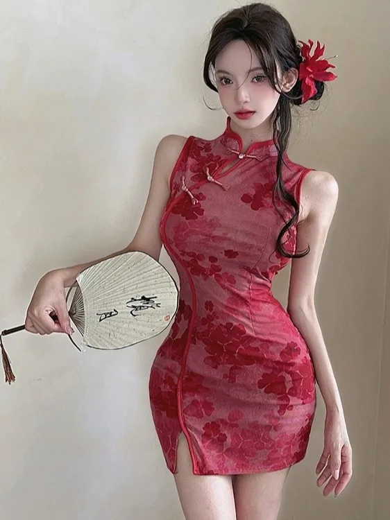 

Новое сексуальное китайское ретро-платье-ципао без рукавов, облегающее, с завышенной талией, с разрезом, с запахом, дышащее, летнее, из полиэстера