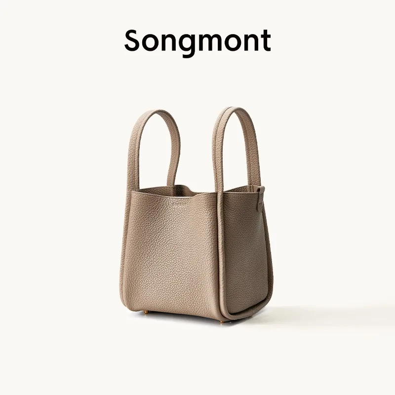 Songmont Grocery Bag Medium Small New Snap Closure Series Cowhide Leather Large Capacity Handheld Bucket Bag Women Versatile