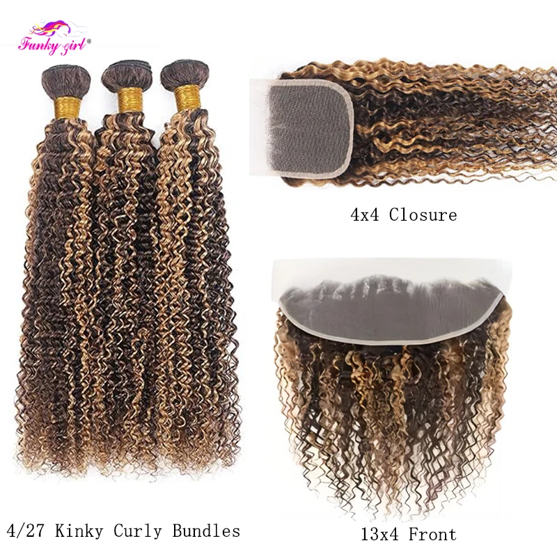 P4/27 Ombre Honey Blonde Kinky Curly Bundles With Closure Transparent Lace Highlight Hair Bundles With Frontal Brazilian Hair