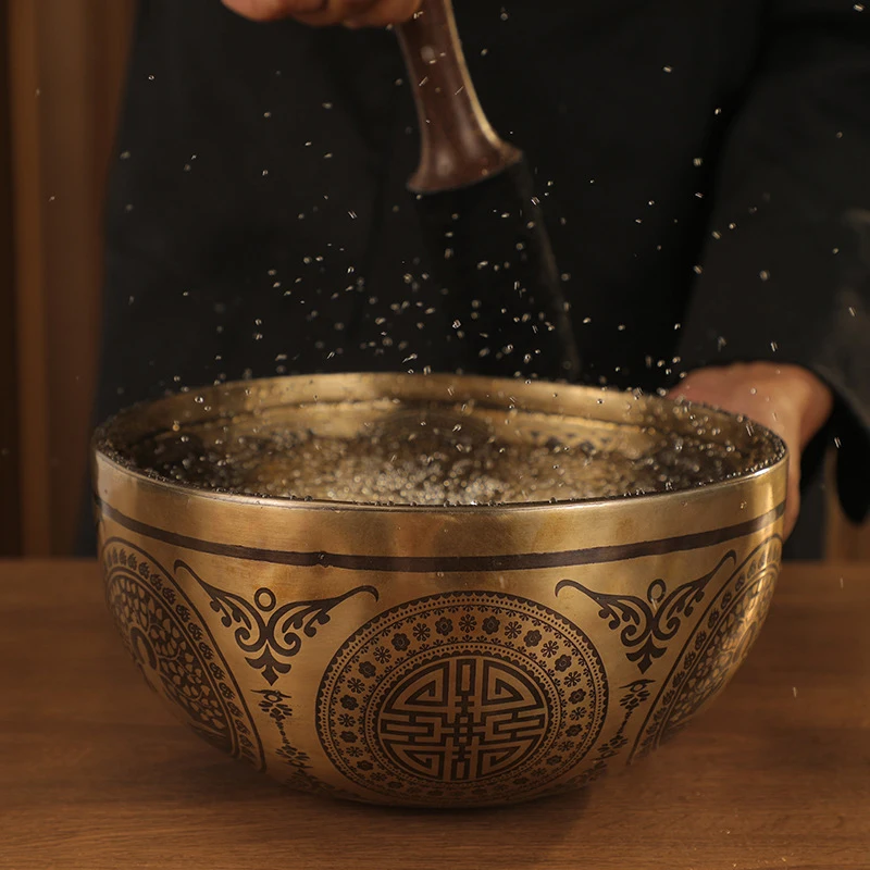 ‌Nepal Handmade Tibetan Singing Bowl Thousand-Hand Guanyin Engraving Traditional Buddhist Bowl for Yoga Meditation Sound Healing