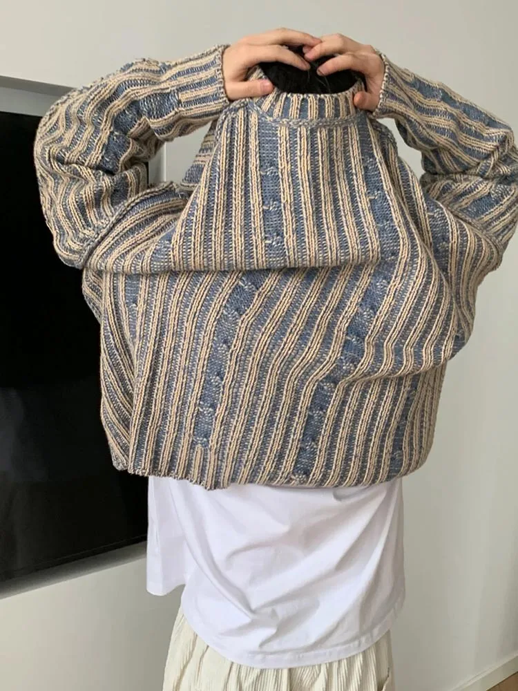 Men's Korean Style Sweater Retro Color Block Knitwear Loose Fit Round Neck Jumper Soft Casual Pullover for Autumn Winter Fashion