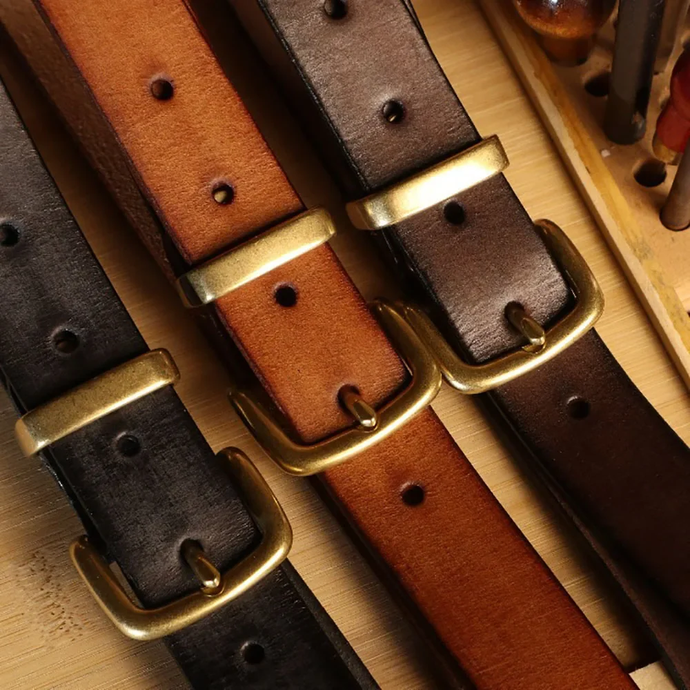 Retro American Style Women's Jeans Belt with Solid Brass Buckle Distressed Cowhide Leather Belt 3.0CM Width