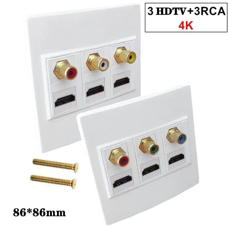 86mm Panel 3 Port HDMI Compatible+3RCA Audio and Video High-Definition 4K1080P 60HZ Multimedia Wall Plug Panel