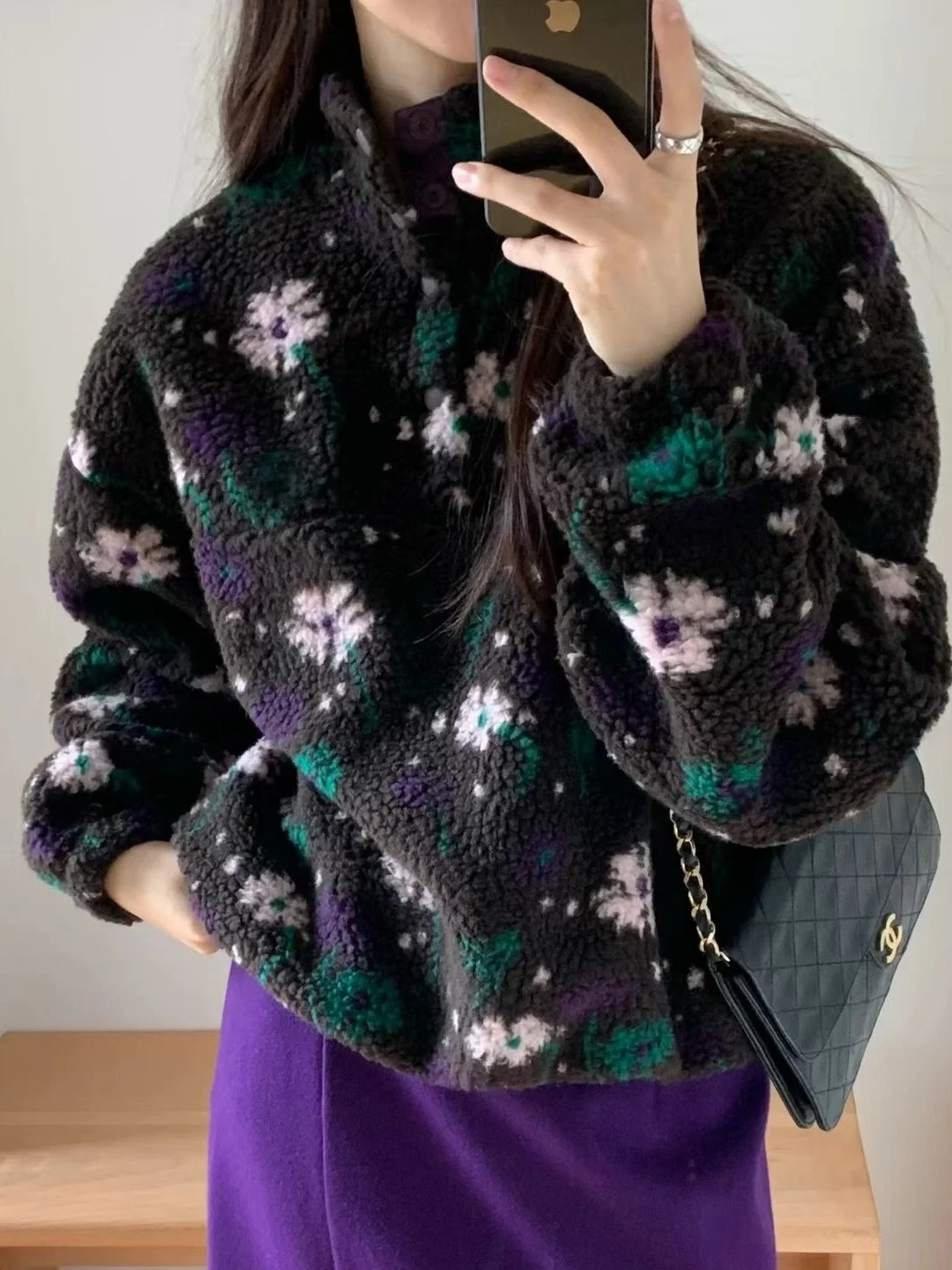 

Warm Lamb Fur Hoodie Jaet Women's Loose Fit Stand Collar Dstring Floral Print Comfortable Sweatirt Outerwear Coat