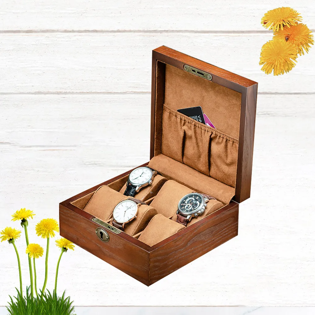 6 Slots Handcrafted Wooden Watch Storage Display Case Dustproof Organizer for Home Shop Watch Box with Lock