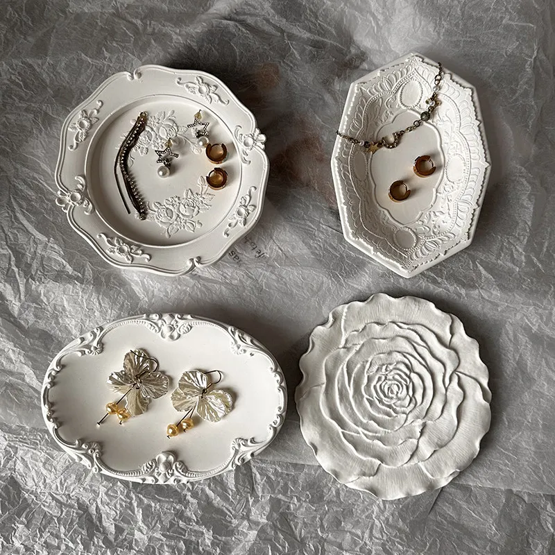 European Style Plaster Tray Decorative Display & Jewelry Organizer with Carved Floral Design Photo Prop for Home Decor view 3