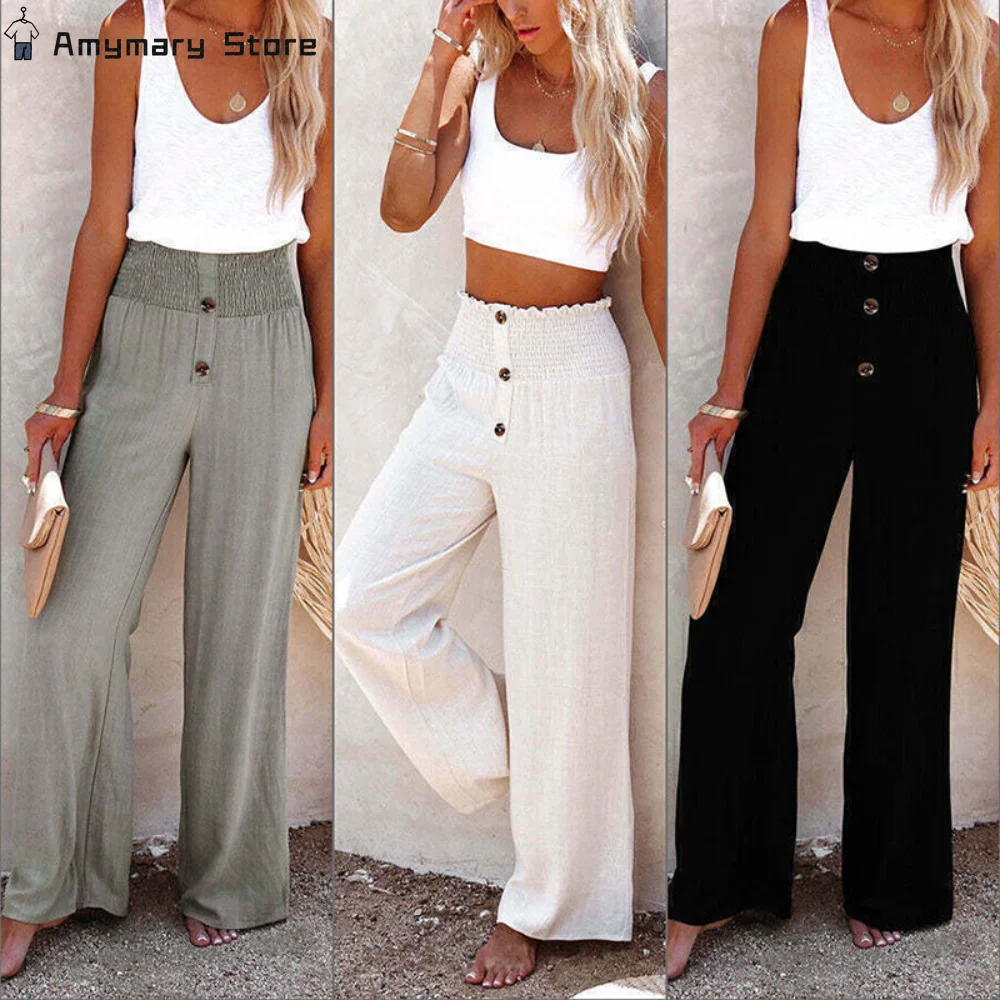 

Summer Women Cotton Linen Loose Wide Leg Pants Solid Color Casual Office Lady High Waist Beach Long Straight Pants Trousers