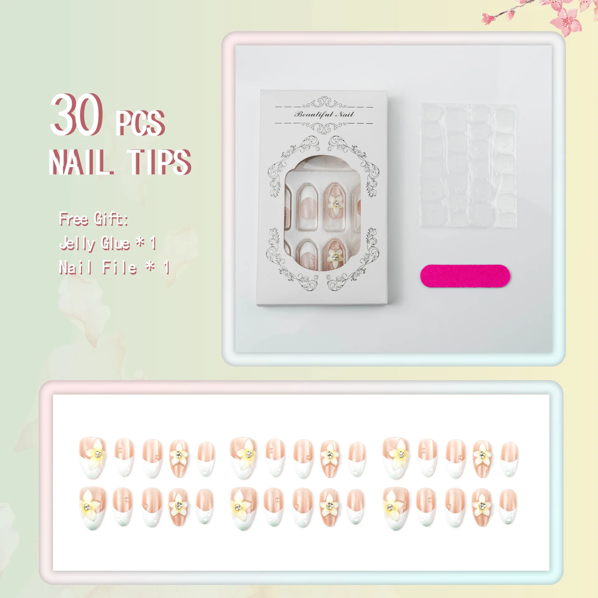 24PCS Luxus Süße 3D Blumen Press on Nails Mandel Weiß Französisch Design Künstliche Nägel Hand Gedruckt Strass High-End Nail art Set