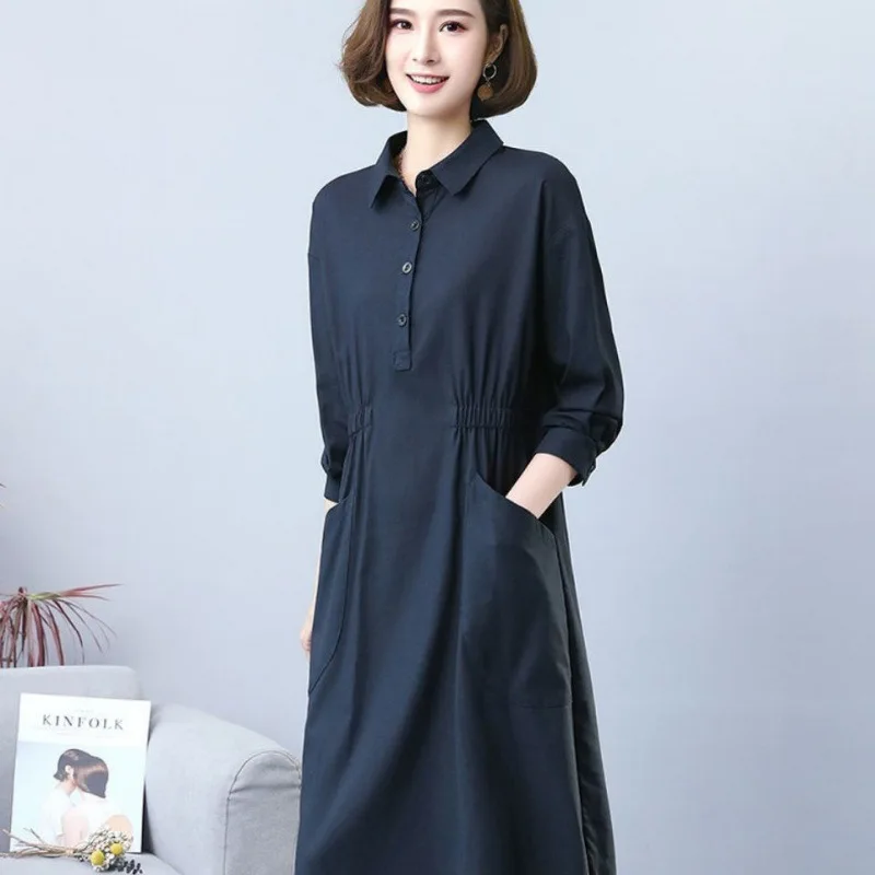 فستان من القطن والكتان عالي الجودة، نمط جديد للربيع والخريف، مزاج فضفاض، تنورة قميص بمقاس كبير، لون سادة للسيدات