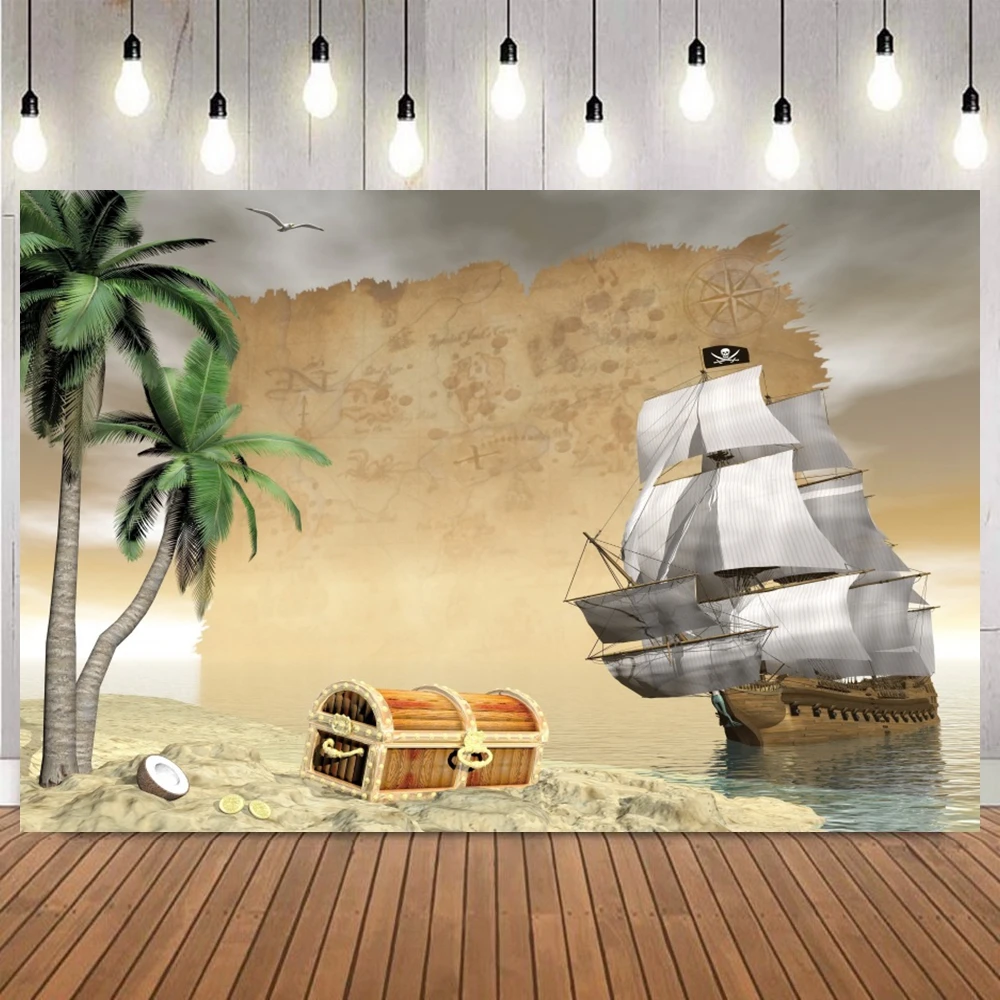 Vintage World Map Photography Backdrop Nautical Pirate Ship Treasure Compass Baby kids Birthday Party Portrait Background Props