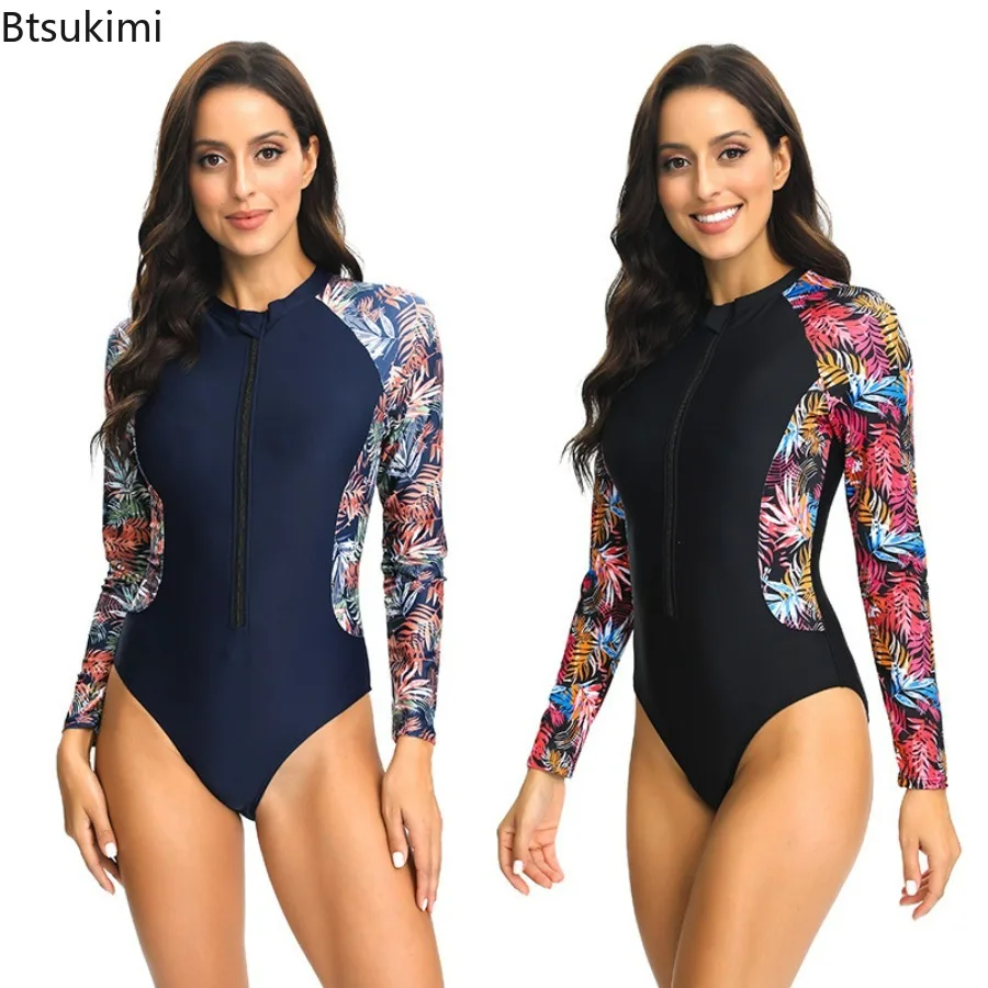 

New 2024 Women's Printed One Piece Swimsuit Sexy Long Sleeve Surfing Suit Fashion Swimming Suit Bathing Suits Swimwear Wetsuit.