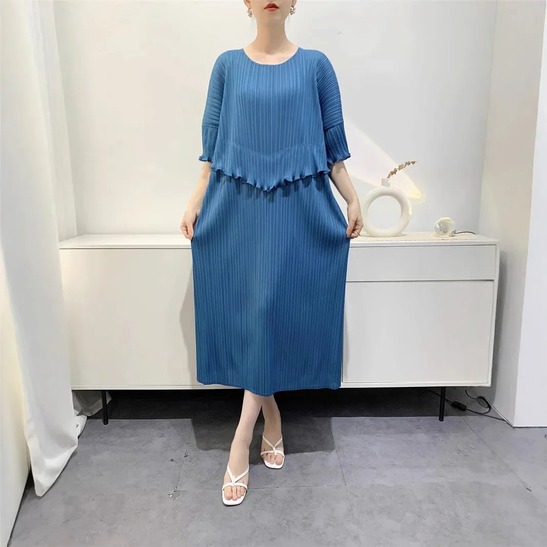 2025 Spring Women's Dresses Fashion Temperament Round Neck Pleated Loose Plus Size Splicing Solid Skirt Sub Medium-length Models