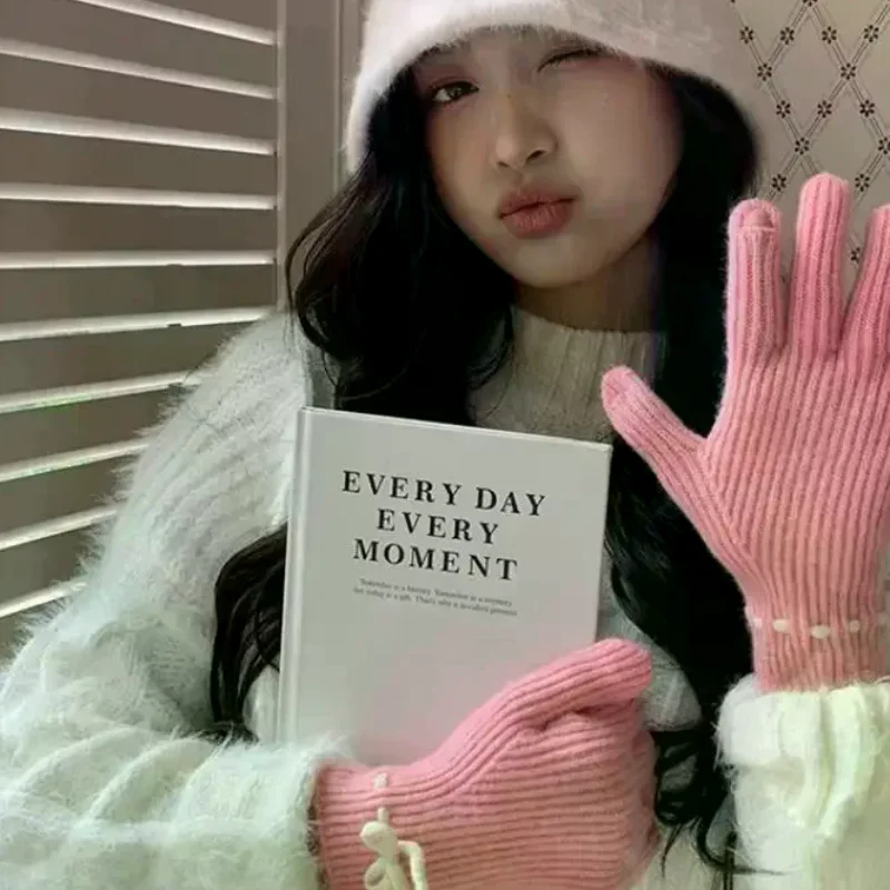 

Женские вязаные перчатки с бантом, зимние теплые перчатки для сенсорных экранов, полнопальцевые, в стиле кавайи, японские, для велоспорта, аксессуары Y2K