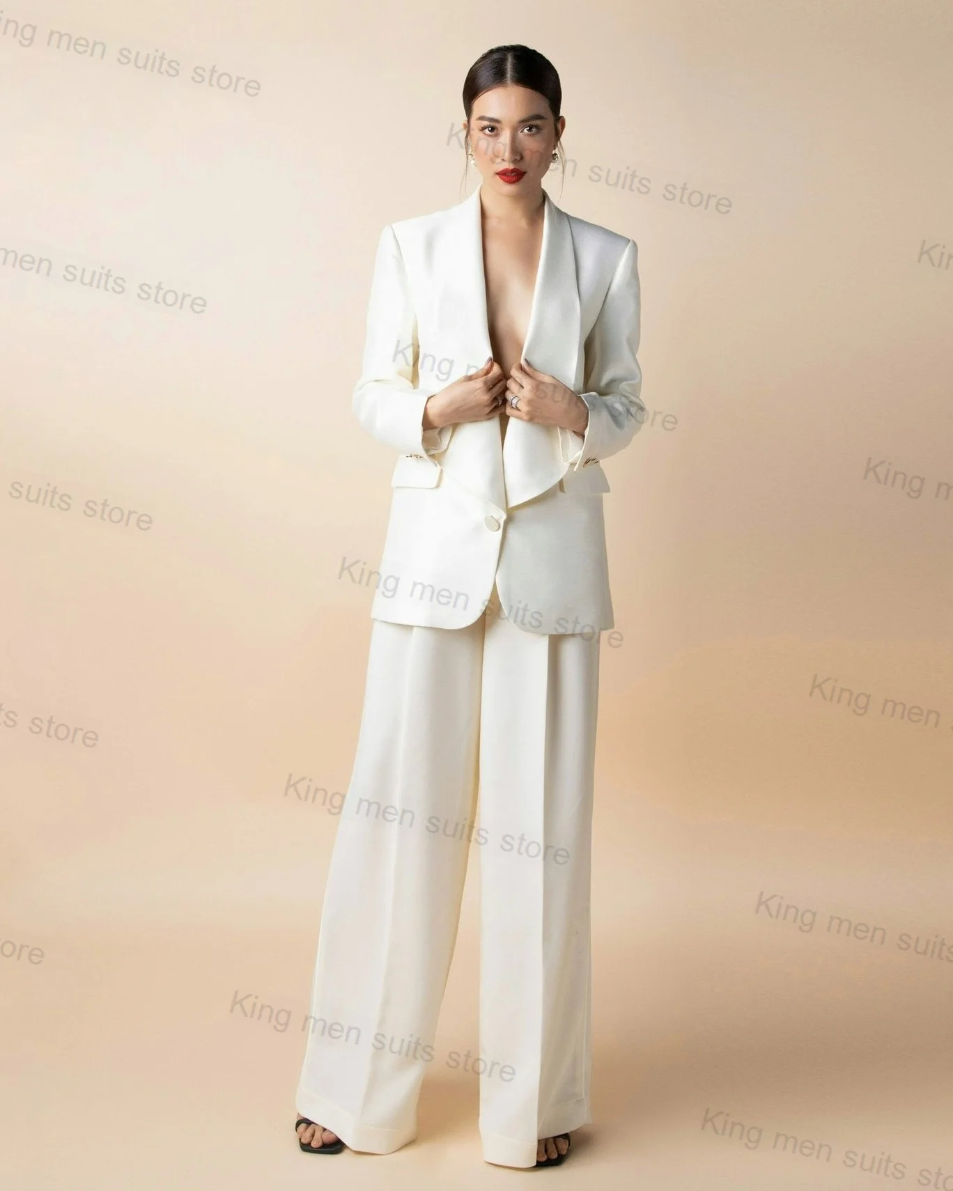 White Loose Women Suit Pants Set 2-Piece Cotton Blazer+Trousers Sexy V Neck Prom Dress Formal Office Custom Size Jacket Coat