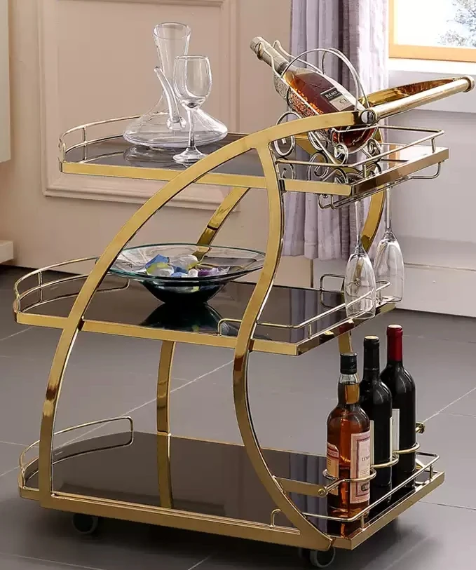 Wine Food Trolley Cart Rose Gold Luxury Black Metal Iron Modern Hotel Furniture Kitchen Cart Other Dining Room Furniture Trolley