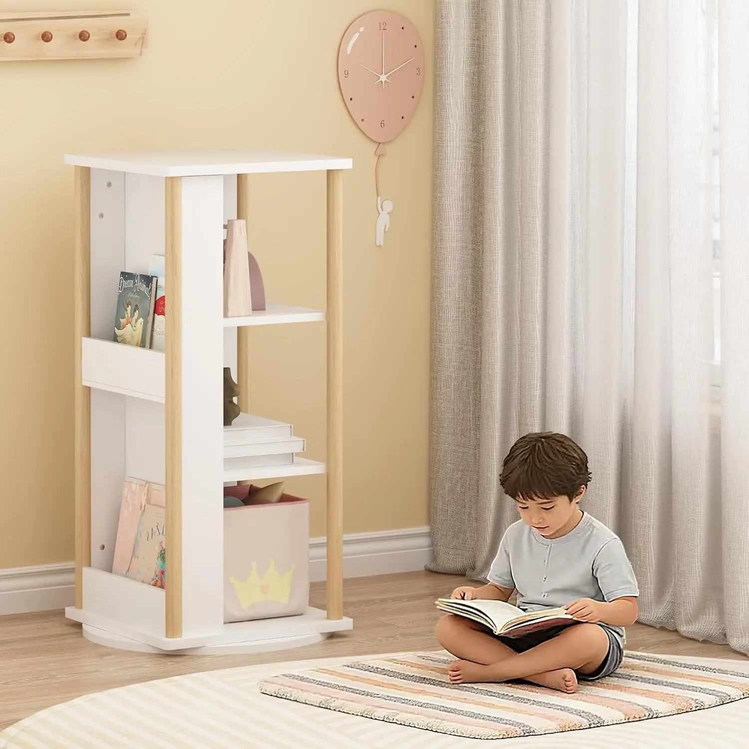 3 Tier Rotating Bookshelf with Chalkboard, 360 Revolving Corner Bookcase Organizer for Kids, Customized