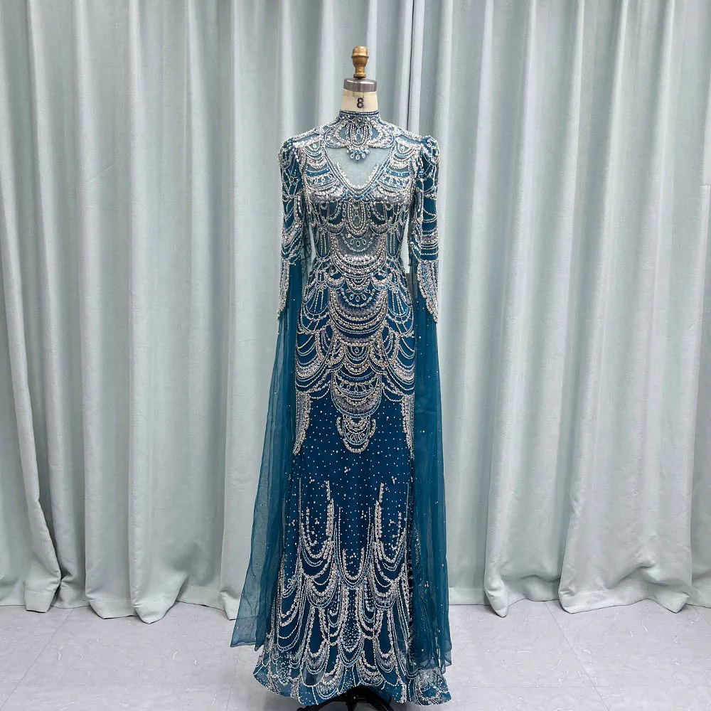 YQLNNE Muslim Lapis Blue Long Sleeve Evening Dresses High Neck Embroidered Tulle Beaded Sequined Formal Evening Party Gown