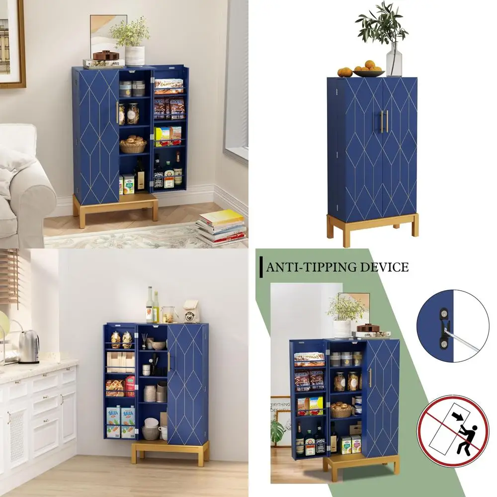 

Кухонный шкаф-буфет 45 Blue с 4 регулируемыми полками и золотыми ножками для столовой и гостиной