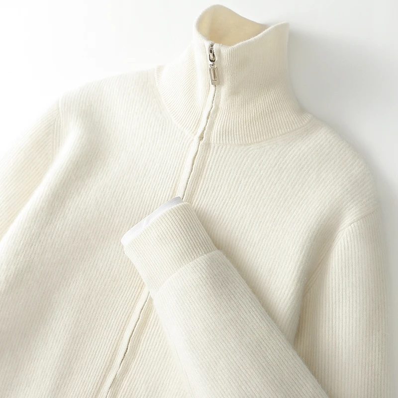 100% Pure Wool Cardigan Men's Semi-High Collar Business Padded Zipper Leisure Knitted Sweater Coat