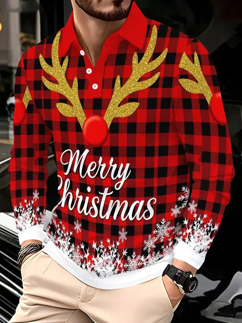 2026 autumn and winter new men's long sleeved Christmas POIO shirt with flip tie button fashion 3D printed men's top
