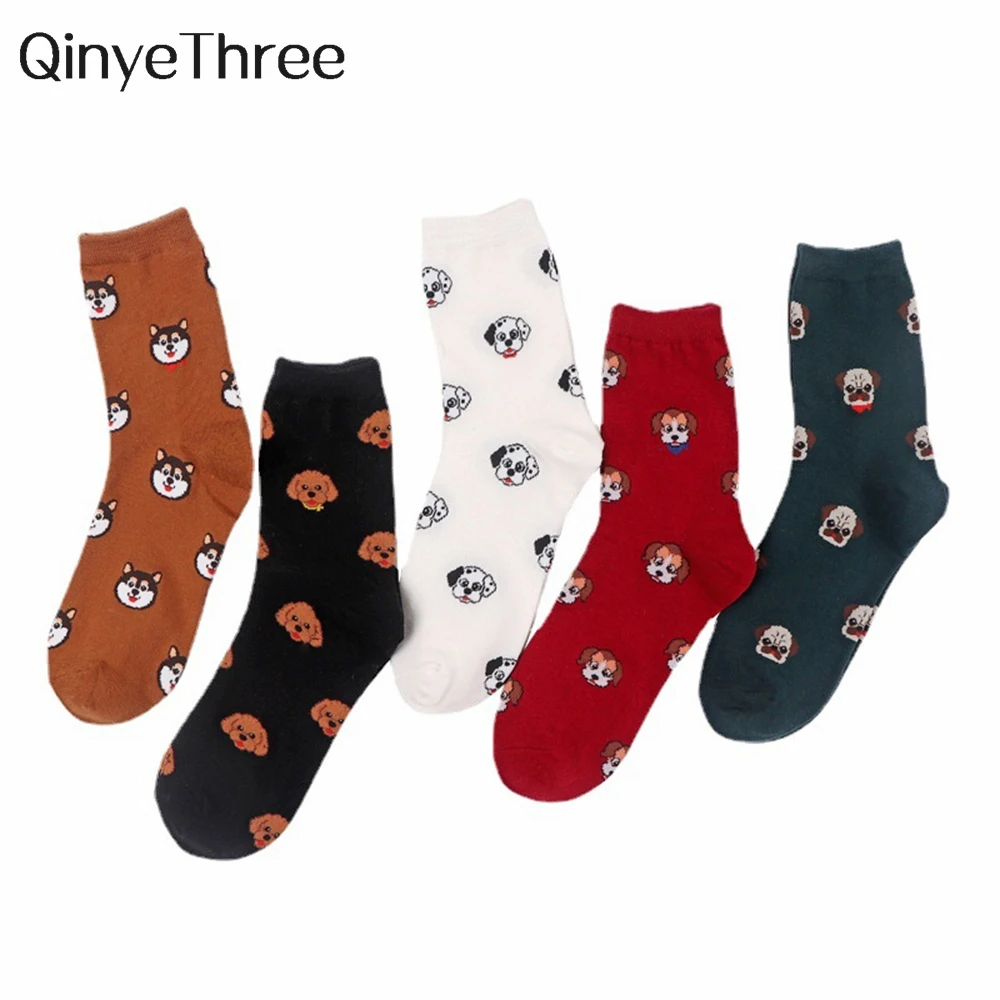 Unisex Funny Cartoon Dogs Head Socks Warm Soft Japanese Korean Cute Happy Puppy Husky Starling Dalmatian Teddy Cotton Sokken