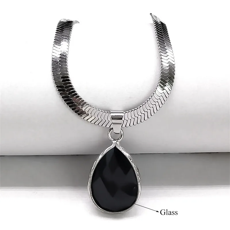 Gothic Wasser Tropfen Schwarz Obsidian Halskette Frauen Edelstahl Schlüsselbein Schlange Kette Choker Naturstein Halsketten Kpop Schmuck – Detail 12