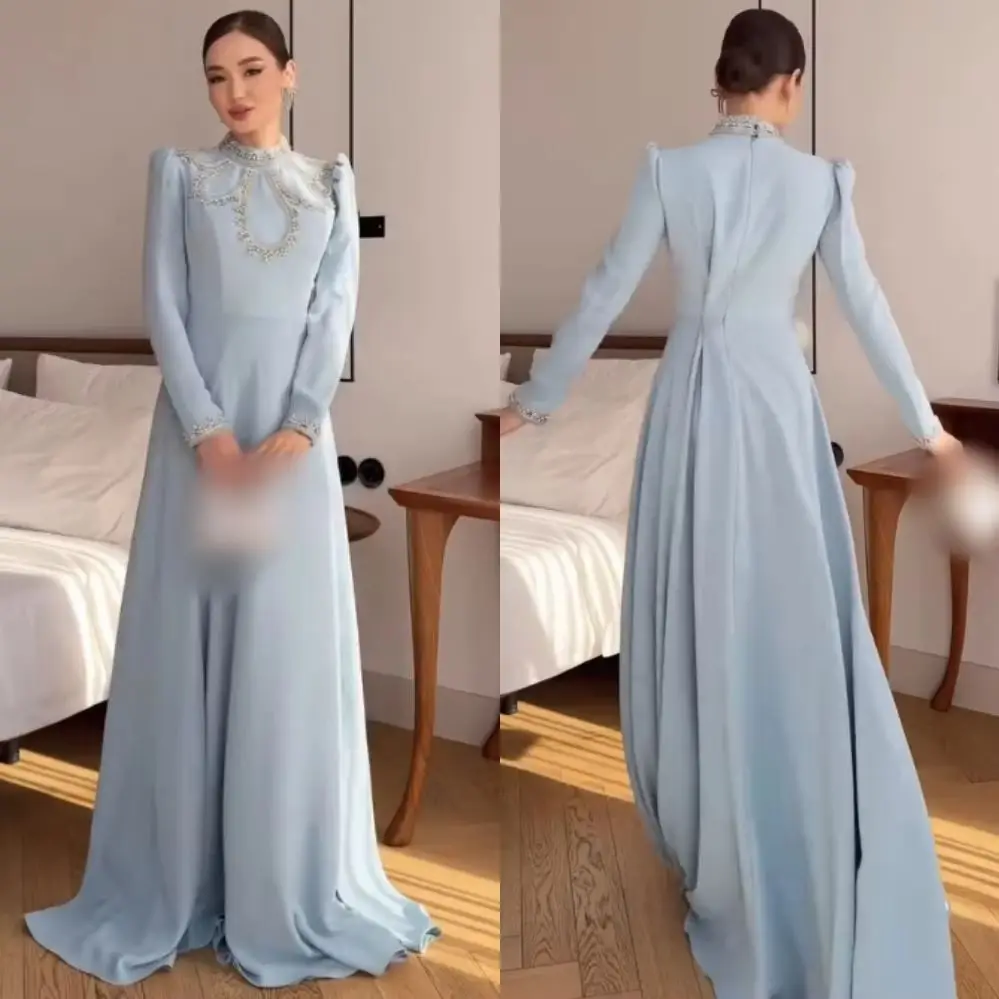 

Customized Intricate Matching Jersey Sequined Pleat A-line High Collar Long Dress Bespoke Occasion Elegant