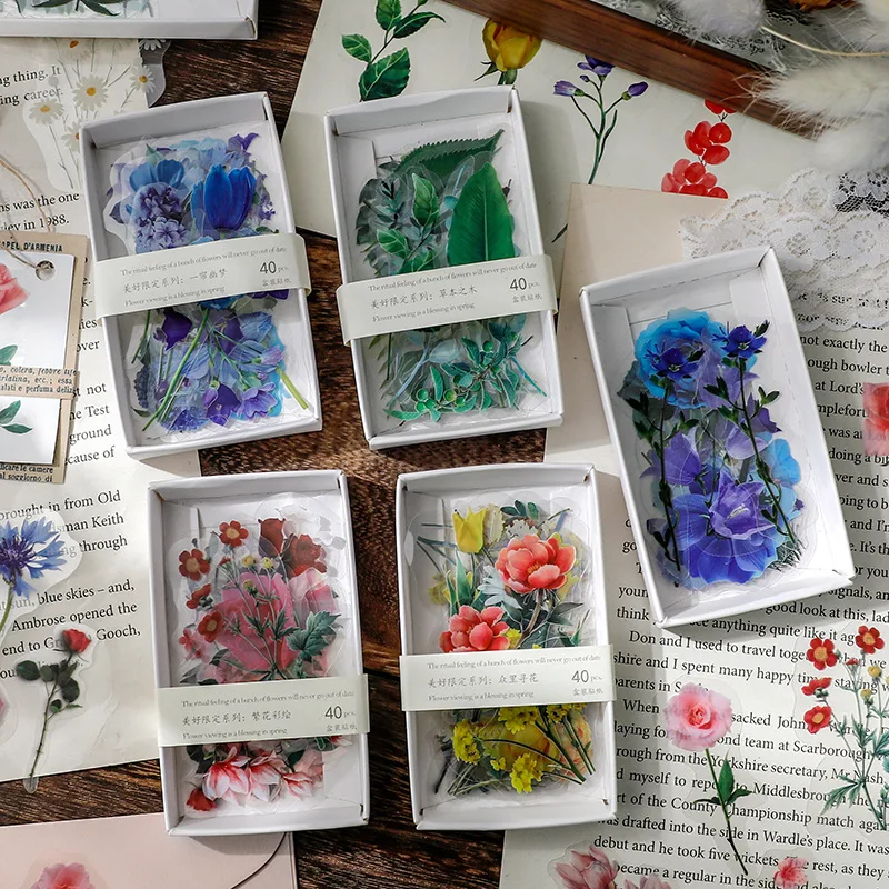 

40Pcs Vintage Flower Plant Scrapbooking PET Stickers Decorate Supplies DIY Junk Journal Collage Diary Card Materials Paster