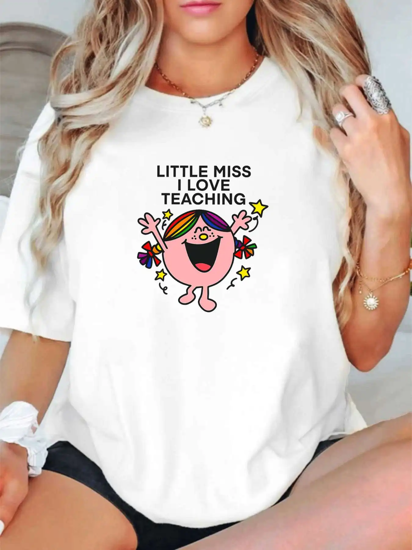 

【1142845】Plus size women's round neck short sleeve T-shirt with elastic half sleeves and trendy prints