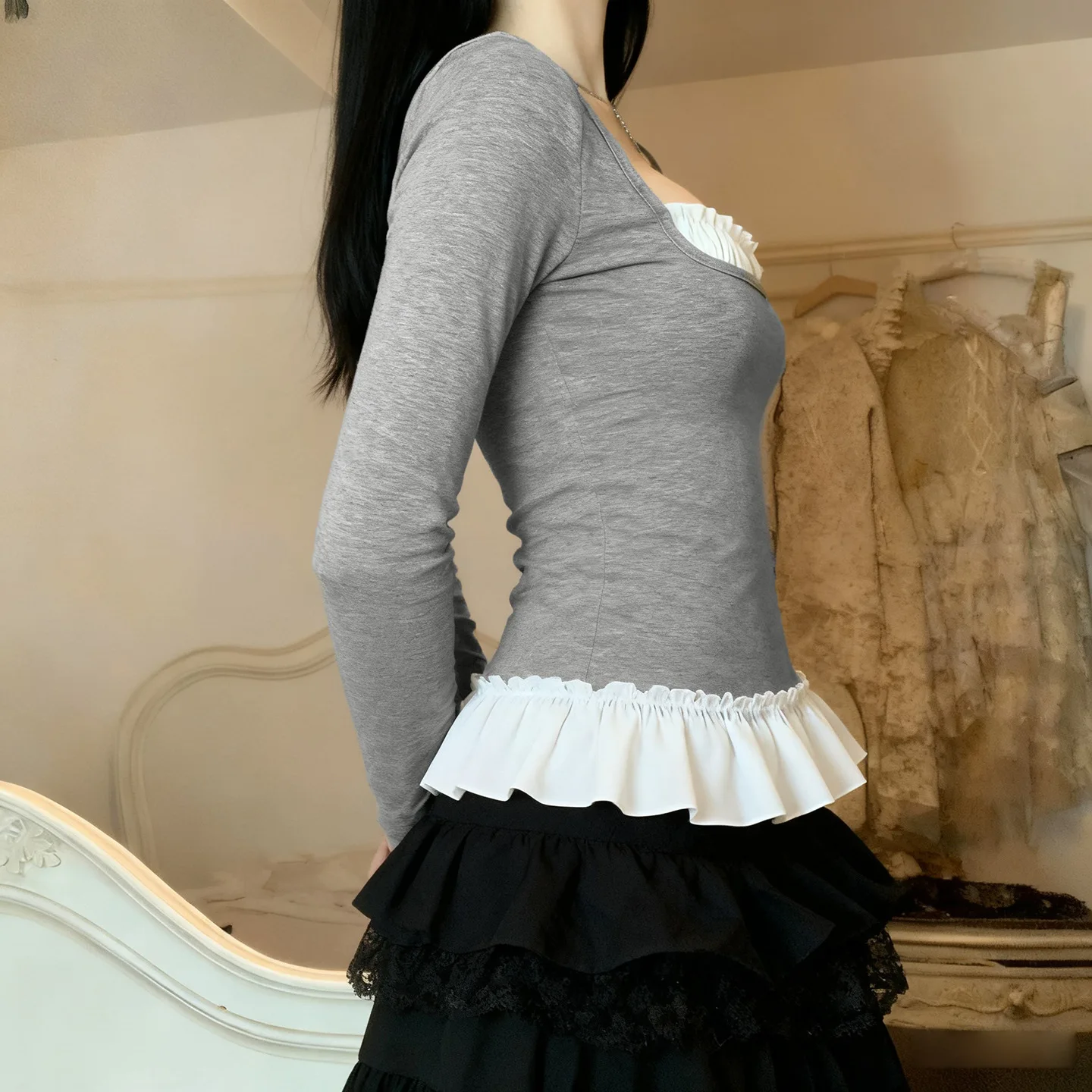 Herfst en winter lotusblad rand zoet slim fit vierkante hals strik patchwork nep tweedelig T-shirt met lange mouwen voor dames