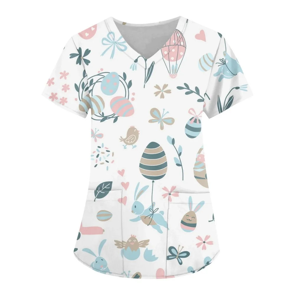 2025 Women Scrub Short Sleeve V-Neck Medical Uniform Tops Cartoon Working Nurse Uniform Christmas Thanksgiving Tshirt Enfermeria