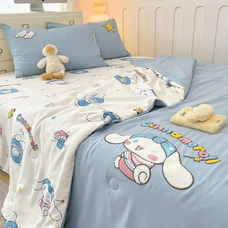 sanrio-kawaii-ete-couette-costume-literie-article-kuromi-melodie-cannelle-dessin-anime-impression-mince-couverture-ensemble-textiles-de-maison
