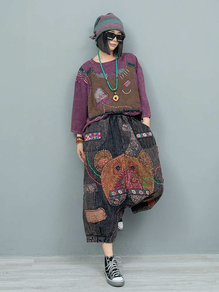 Heavy Industry Hand Embroidered Old Cloth Long Sleeve T-shirt + Big Crotch Pants Two Piece Set Women 2024 Autumn Pant Set ZF315