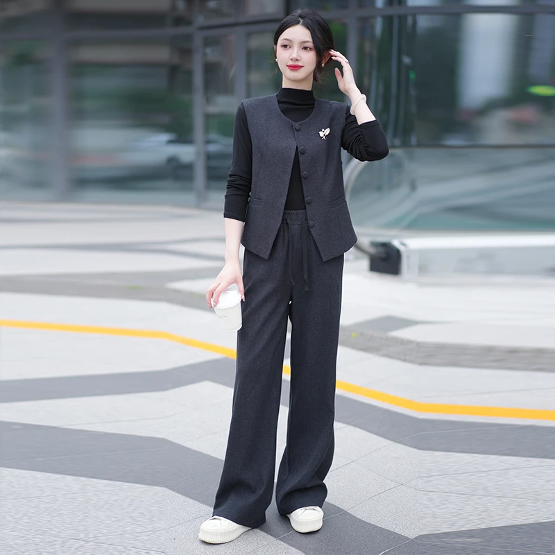 

Ey Faionable женский комплект из жилета и прямых брюк, облегающий повседневный комплект с круглым вырезом на одной пуговице, цвет