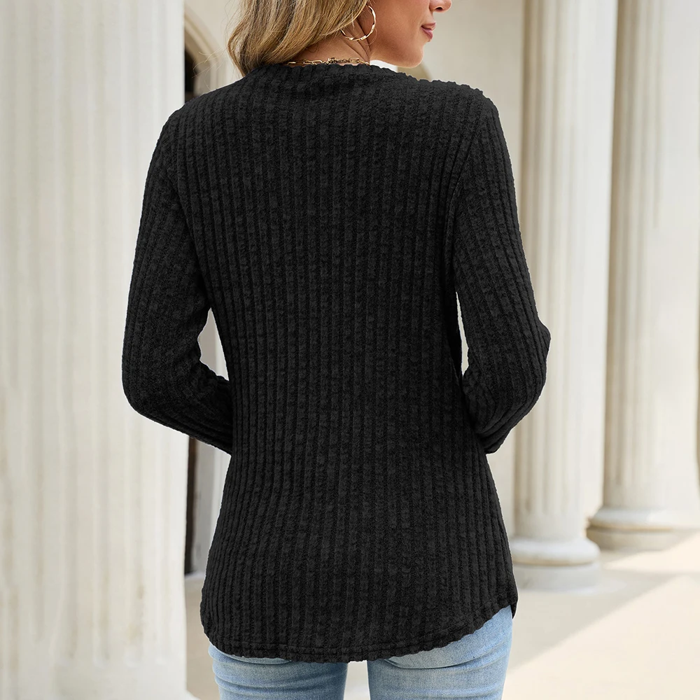 Brushed Polyester Womens Solid Top Round Neck Ruffle Loose Long Sleeve for Vacation Holiday Beach Cycling Summer Use