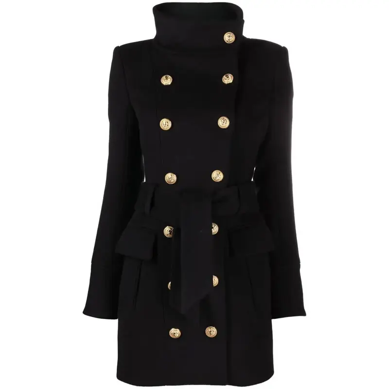 Double Breasted Long Sleeve Coat, Black Wool Coat, Gold, 2023, New, Winter